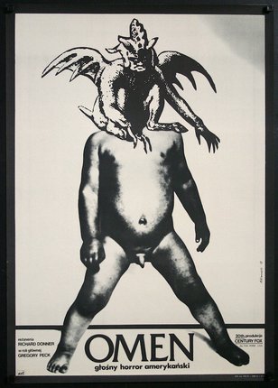 a poster of a naked man with a demon on his head