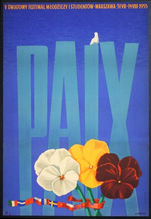 a blue poster with flowers and a bird