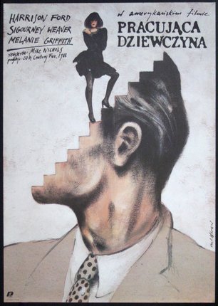 a poster of a man's head with a woman standing on the stairs