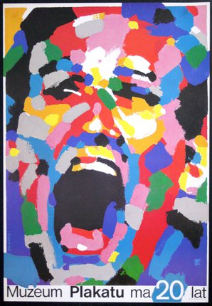 a colorful poster with a face