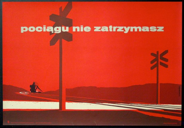 a red and white poster with a sign and a person riding a motorcycle