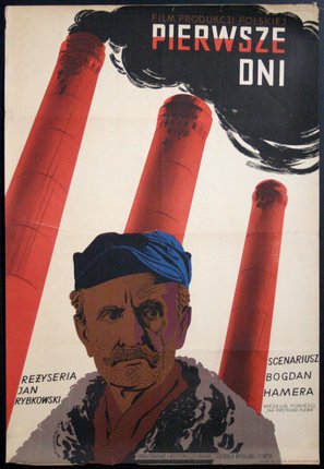 a poster with smoke stacks and a man