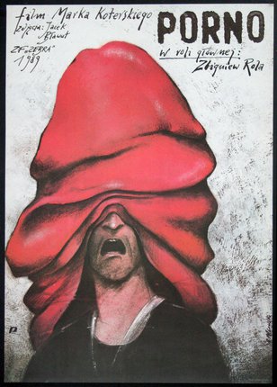 a poster of a man with a red cloth covering his eyes