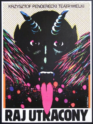 a poster of a black monster with horns and tongue sticking out