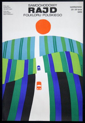 a poster of cars driving through a landscape