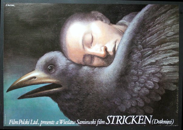 a poster of a man hugging a bird