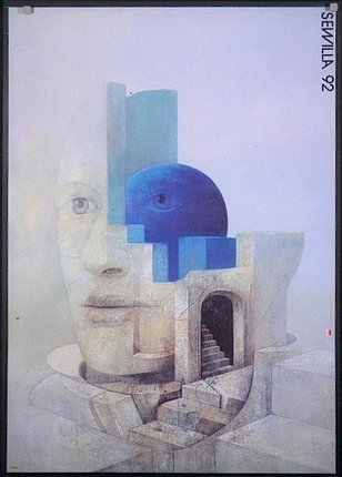 a painting of a face with a blue eye and a staircase