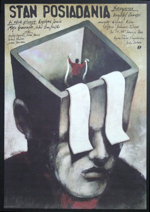 a poster of a man with a man in a box