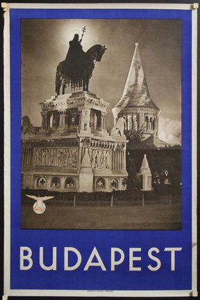a poster of a building and a statue of a horse