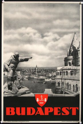 a poster with a statue pointing at a city