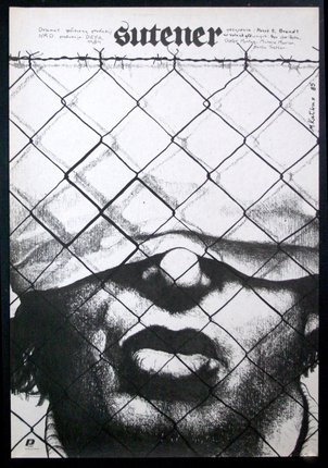 a drawing of a man's face behind a fence