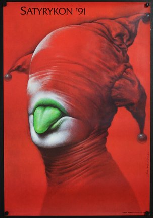 a red poster with a red hat and green lips