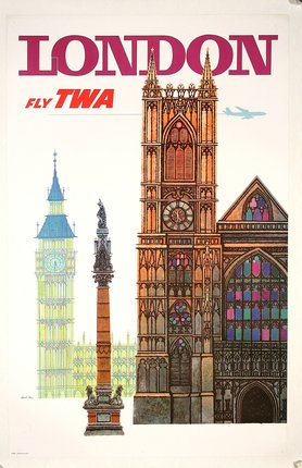 a poster of a building with a clock tower and a tower