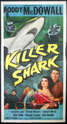 a movie poster with a shark and people