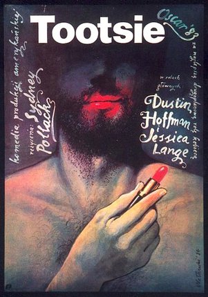 a poster of a man holding a lipstick