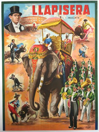 a poster of an elephant and a group of people