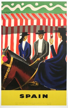 a poster of a woman sitting on a horse and a man holding a glass of wine