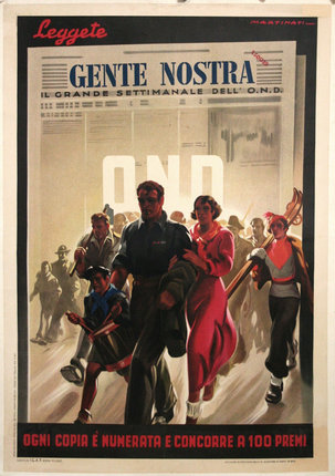 a poster of a man and a woman walking with a group of people