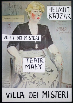 a poster with a woman sitting in a chair
