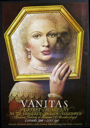 a poster of a woman holding a mirror with a skull in it