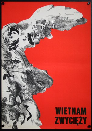 a red poster with black text and images of people pointing