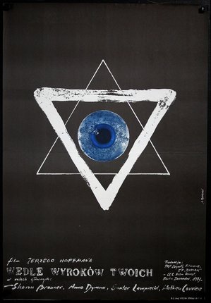 a poster with a blue eye and triangle