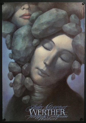 a poster of a woman with rocks on her head