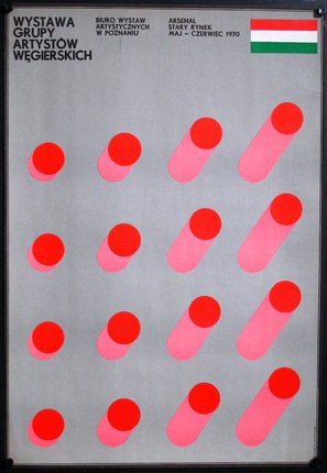 a poster with red and pink circles