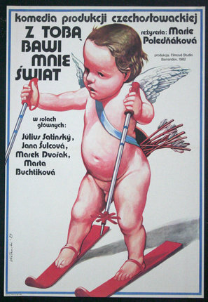 a poster of a baby on skis