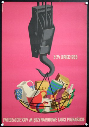 a poster of a crane hook with a basket of objects