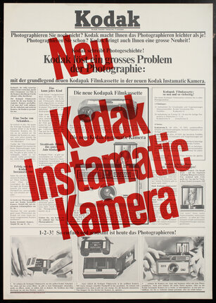 Poster with with red text printed on top a newspaper style graphic and that reads Neu Kodak Instamatic Kamera.