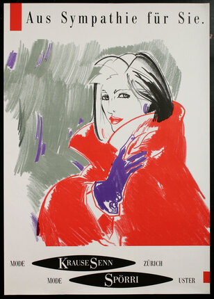 Poster with a fashion illustration of woman in a red coat with one of her arms across her chest resting her purple gloved hand on her shoulder.