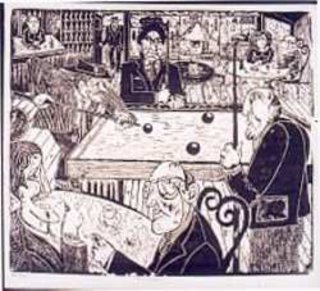 a drawing of people playing pool