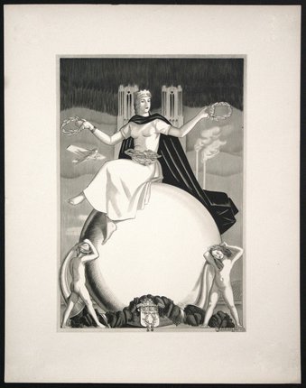 a black and white drawing of a woman sitting on a white sphere