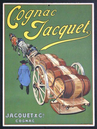 a poster of a horse drawn carriage with barrels