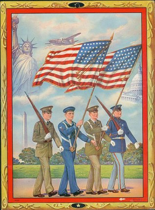 a group of men in uniform holding flags