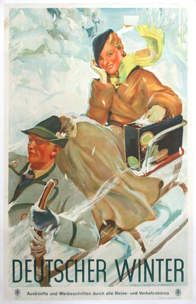 a woman riding a sled on a man