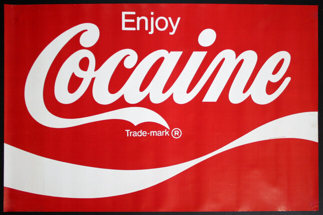 a red and white poster in the style of the coca-cola logo