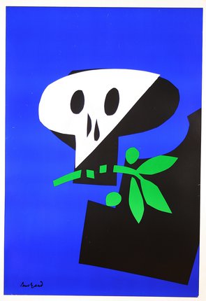a poster of a skull with a green leaf