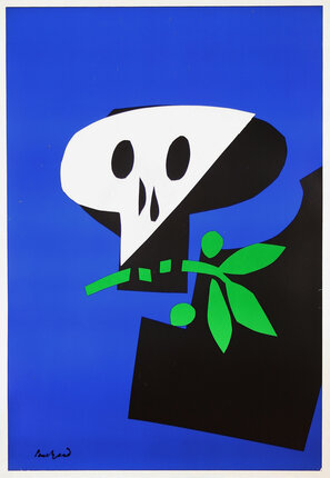 a poster of a skull with a green leaf