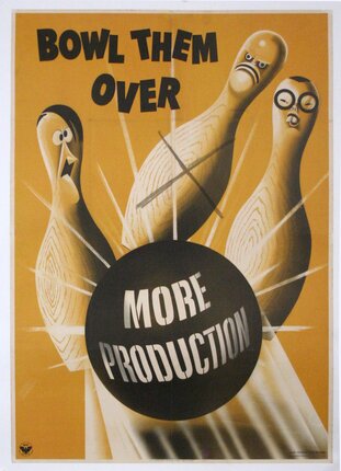 a poster with bowling pins and text