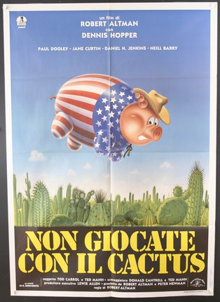 a poster of a pig flying over cacti