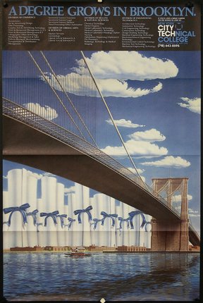a poster of a bridge with a bridge and a river