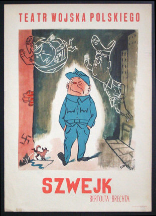 a poster with a cartoon of a man in a blue uniform