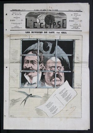 a newspaper with a couple of men looking through bars