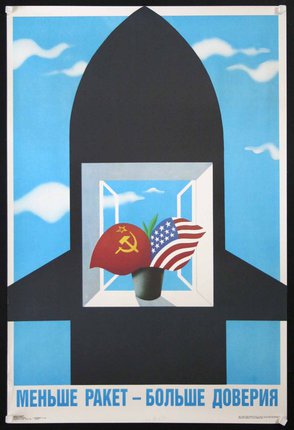 a poster of a rocket ship with a flag and a hat