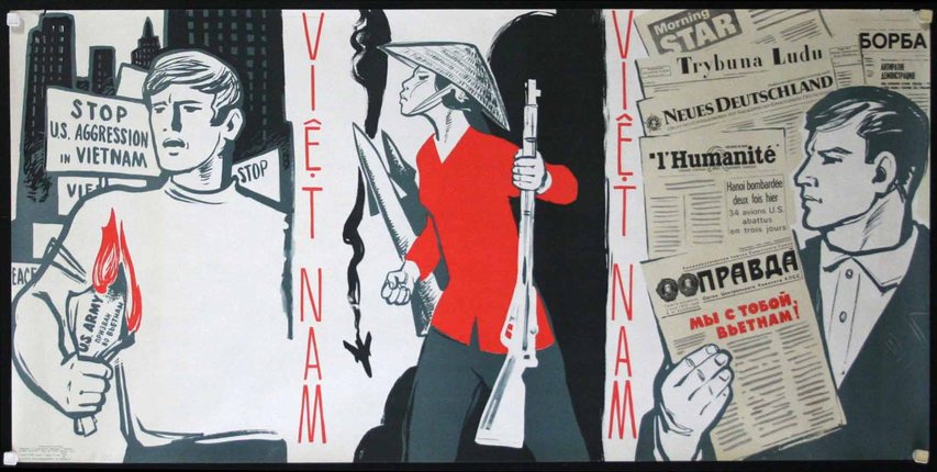 a poster of a man holding a rifle and a woman holding newspapers