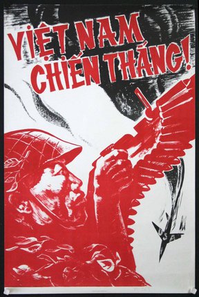 a red and white poster with a soldier holding a gun