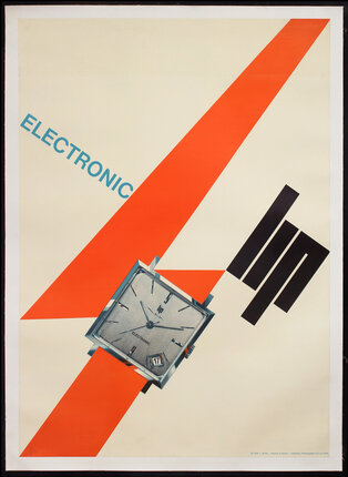 a poster with a square watch and orange stripes