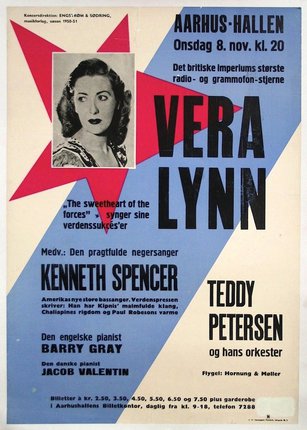a poster with a woman and a red and blue star